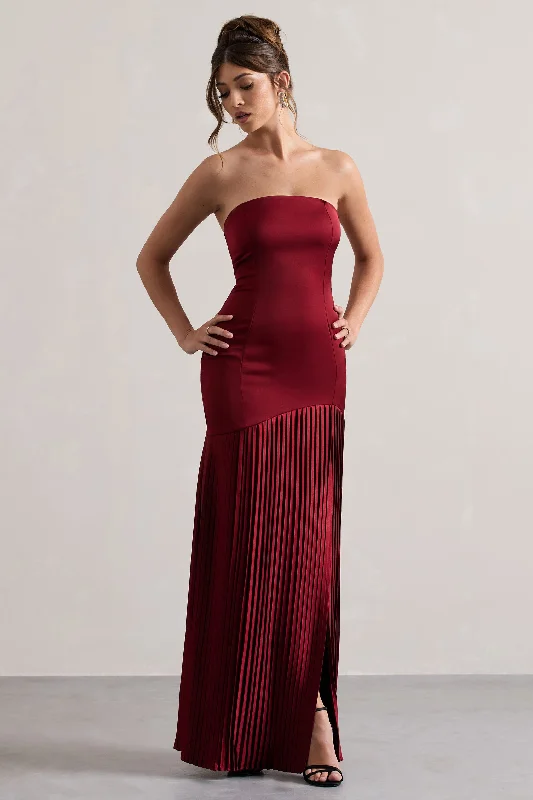 Teal cocktail dress-Confidence | Burgundy Satin Bandeau Pleated Split Maxi Dress