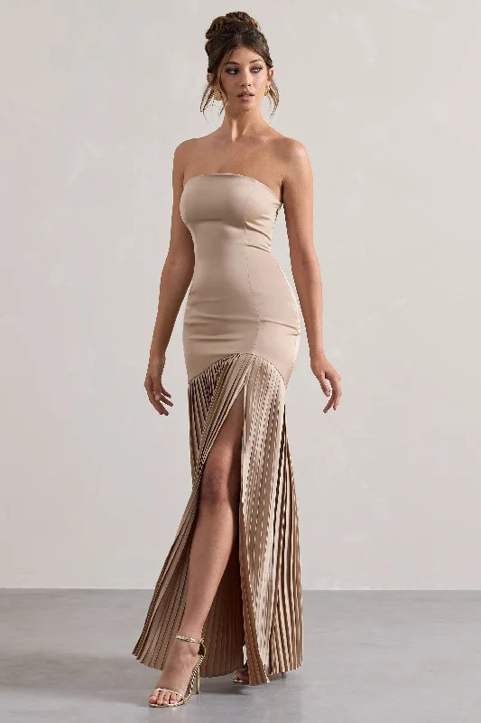 Silver shimmer dress-Confidence | Champagne Satin Bandeau Pleated Split Maxi Dress