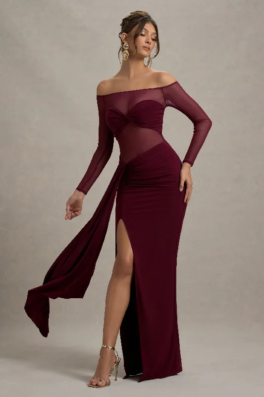 Polka dot cocktail dress-Cover Star | Burgundy Mesh Bardot Long-Sleeve Draped Maxi Dress