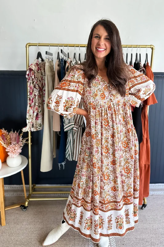 Polka dot maxi dress-Cream and Rust Floral Midi Dress