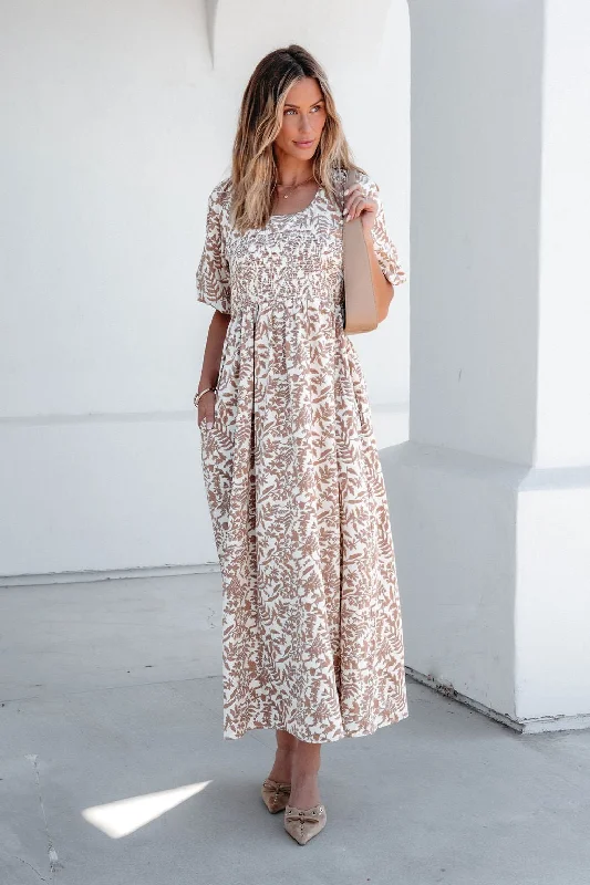 A-line midi dress-Cream Print Smocked Maxi Dress - FINAL SALE