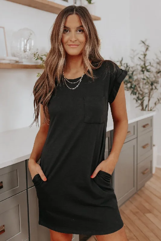 Striped prom dress-Cuffed Sleeve Black Pocket T-Shirt Dress - FINAL SALE