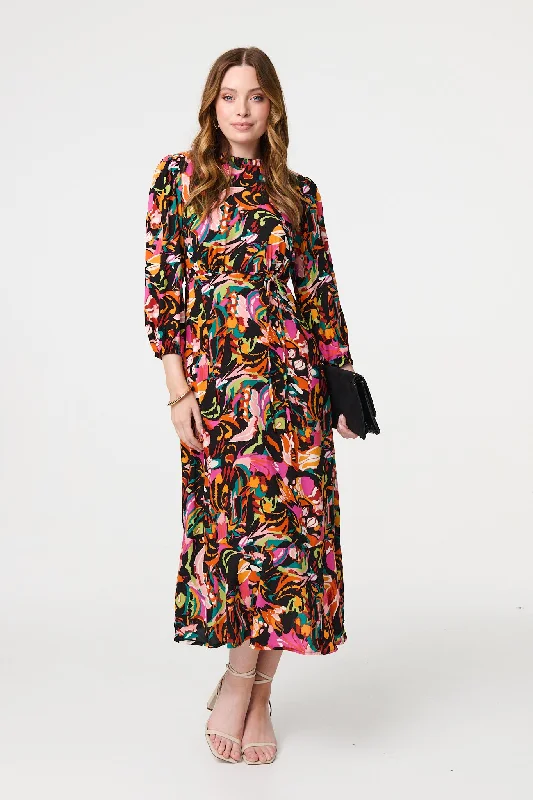 Silk slip dress-Printed High Neck Long Sleeve Midi Dress