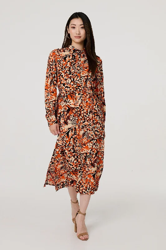 Long flared dress-Floral Long Sleeve Midi Shirt Dress