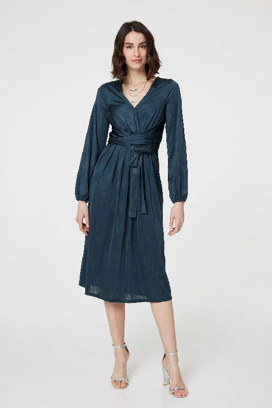 Peplum cocktail dress-Ruched Long Sleeve Midi Wrap Dress