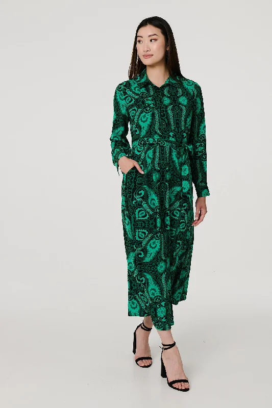 T-shirt casual dress-Paisley Long Sleeve Midi Shirt Dress