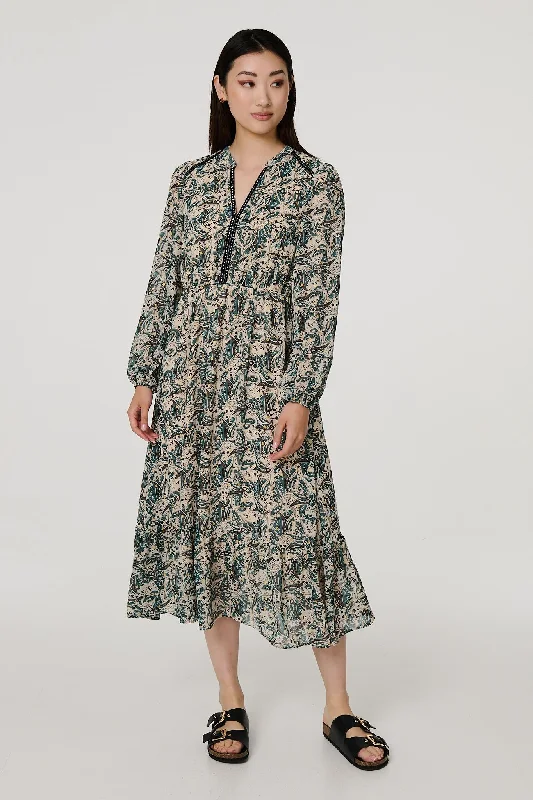 Puff sleeve dress-Paisley Velvet Stud Trim Midi Dress