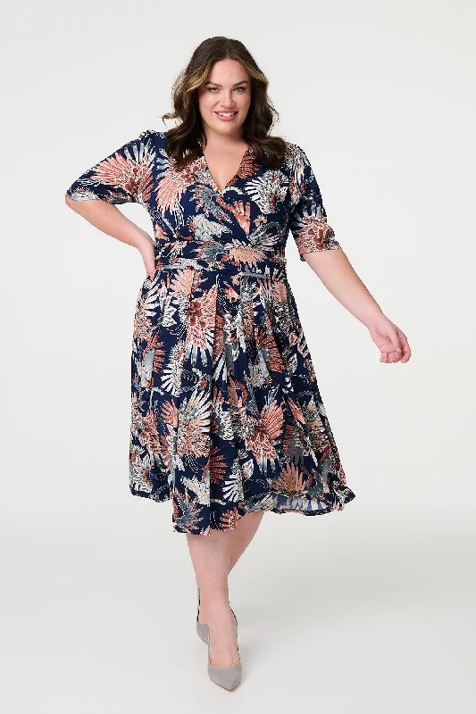 Teal cocktail dress-Tropical Print 1/2 Sleeve Midi Wrap Dress