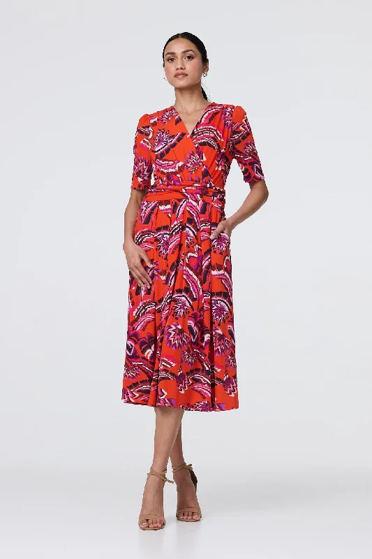 Tiered maxi dress-Tropical Print Faux Wrap Midi Dress