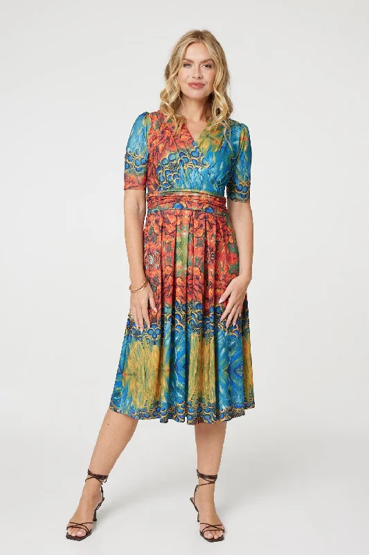 Cold shoulder dress-Printed Ruched Waist Faux Wrap Midi Dress