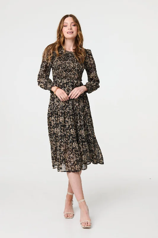 Belted shirt dress-Printed Long Sleeve Semi Sheer Smock Midi Dress