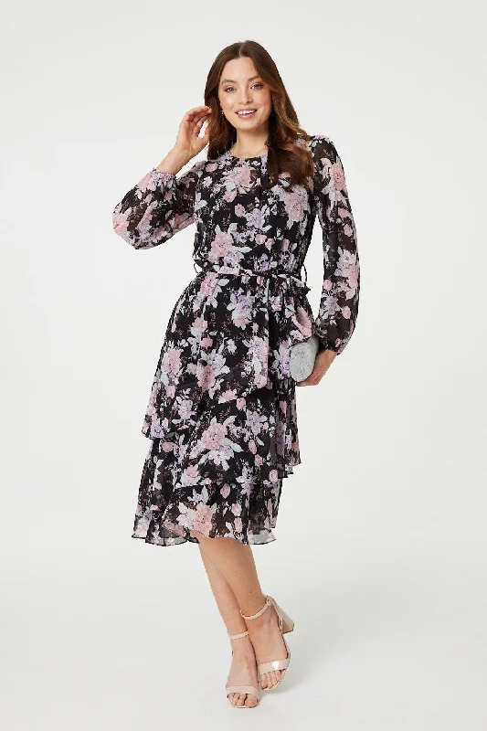 Shift dress with pockets-Floral Semi Sheer Layered Hem Midi Dress