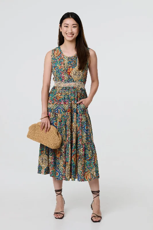 Satin slip dress-Mosaic Print Sleeveless Midi Smock Dress