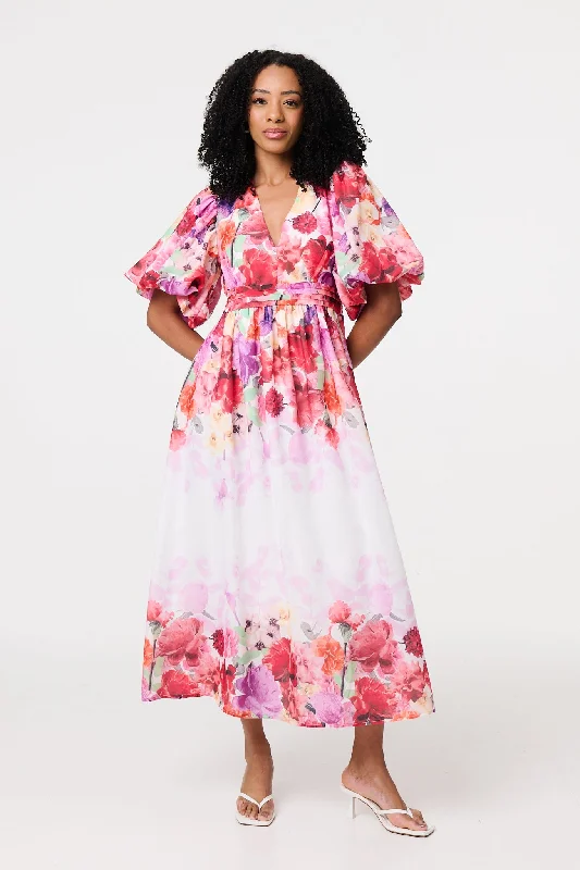 Smocked midi dress-Floral Print 1/2 Angel Sleeve Midi Dress