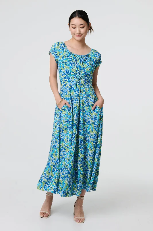 Open-back prom dress-Ditsy Floral Bardot Smock Midi Dress