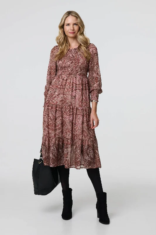 Asymmetrical hem dress-Printed Empire Tiered Midi Smock Dress