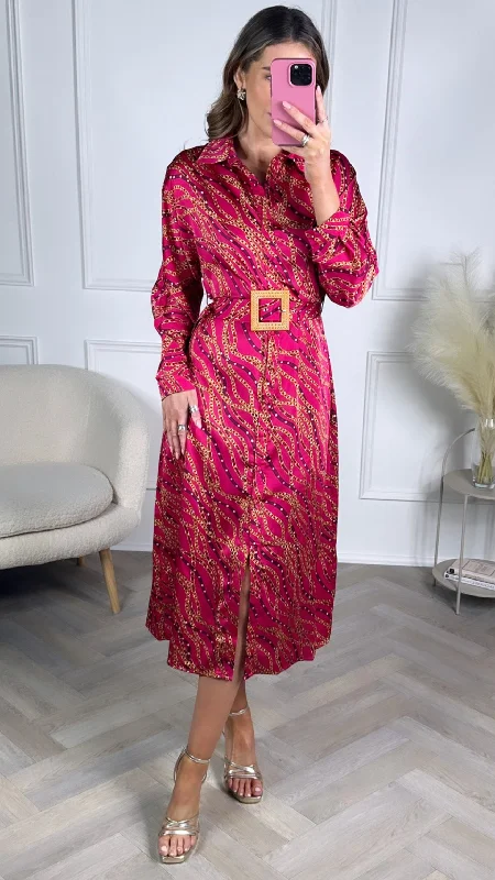 Glitter prom dress-Daisy Pink Print Brown Buckle Wrap Shirt Dress