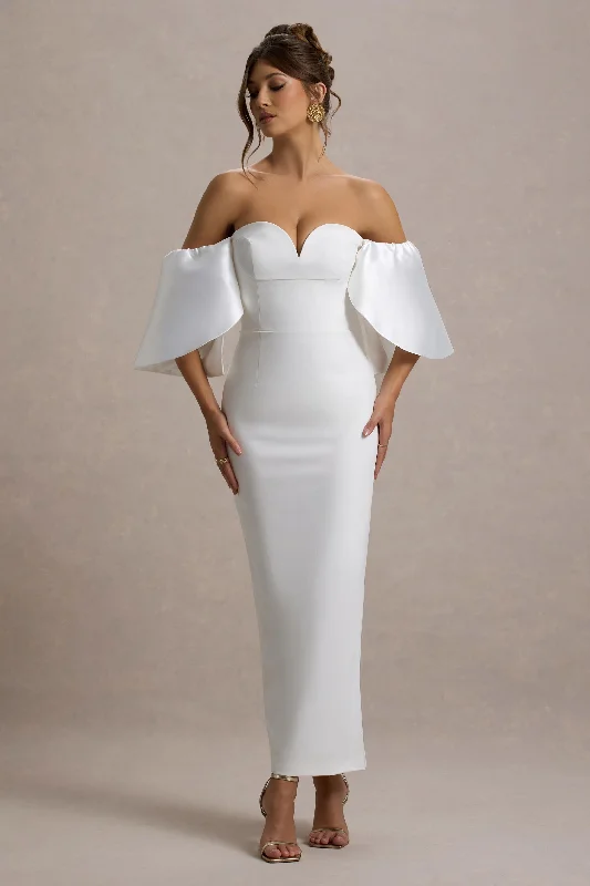 Pleated sundress-Dalani | White Corset Maxi Dress With Satin Puff Sleeves