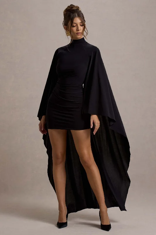 Long sleeve shift dress-Damia | Black High-Neck Mini Dress With Asymmetric Cape