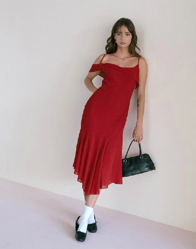 Belted shirt dress-Dansya Midi Chiffon Dress in Red