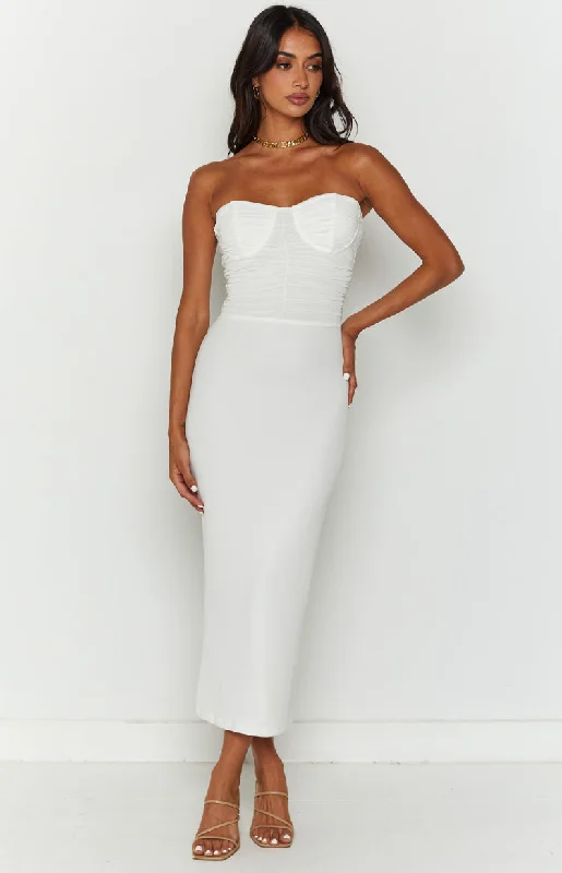 Ruched midi dress-Darling White Gathered Midi Dress