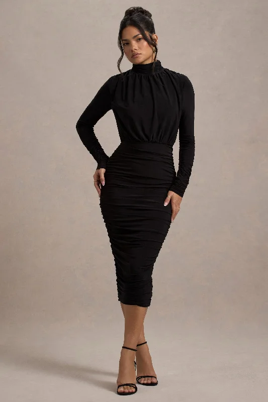 Halter neck prom dress-Dasha |  Black Ruched High-Neck Long-Sleeve Midi Dress