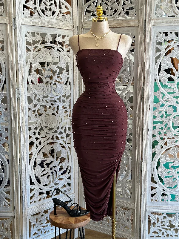 Striped prom dress-Deep Brown Pearl Cami Midi Dress- Stretchy, Estira