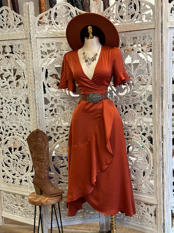 Long sleeve sundress-Deep Rust Wrapped Midi Satin Dress- Not Stretchy, No Estira