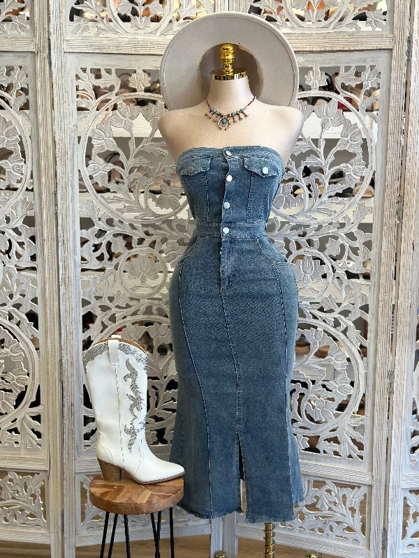 Corset mini dress-Denim Button Up Midi Dress - No Estira Poco, Slightly Stretchy