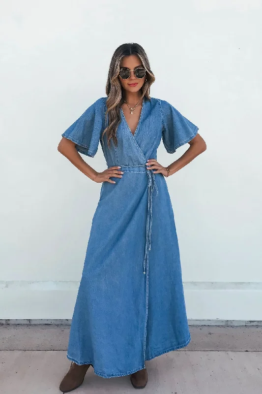 Tiered ruffle dress-Denim Wrapped Front Maxi Dress