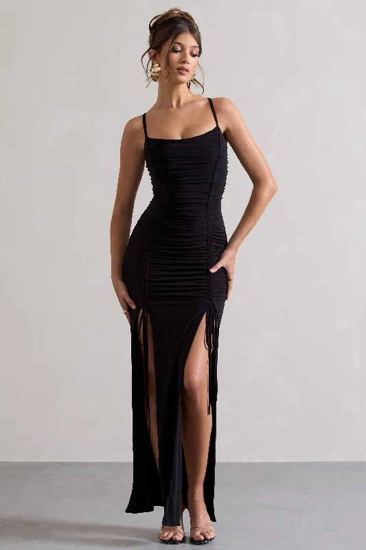 Off-shoulder cocktail dress-Devon | Black Ruched Strappy Maxi Dress With Splits