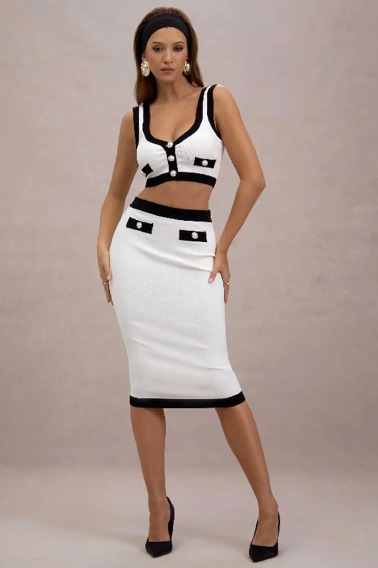 Tiered cocktail dress-Dione | Black & White Knit Midi Skirt