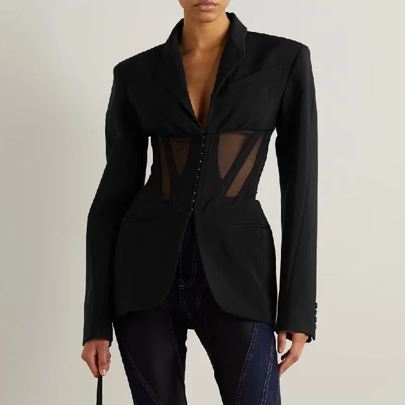 Asymmetrical hem dress-Distinct Lapel Hook and Eye Sheer Mesh Corset Shoulder Pad Long Sleeve Tailored Blazer