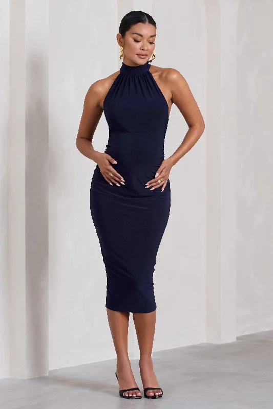 Ruched cocktail dress-Dora | Navy Halter-Neck Open-Back Maternity Midi Dress