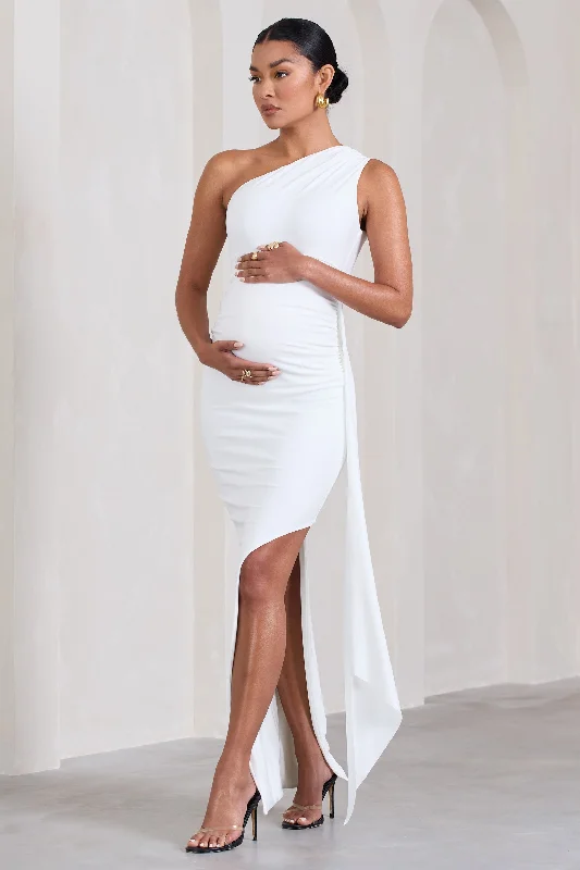 Satin evening dress-Dream Of You | White One-Shoulder Split Maternity Maxi Dress With Drape