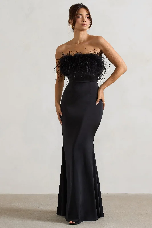 Velvet prom dress-Dress For It | Black Satin Feather Trim Maxi Dress