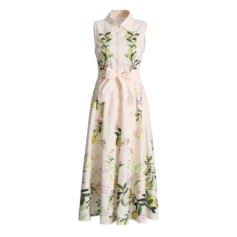 Corset prom dress-Elegant Fruit Printed Folded Collar Button Up Sleeveless Tie Belt Midi Dress