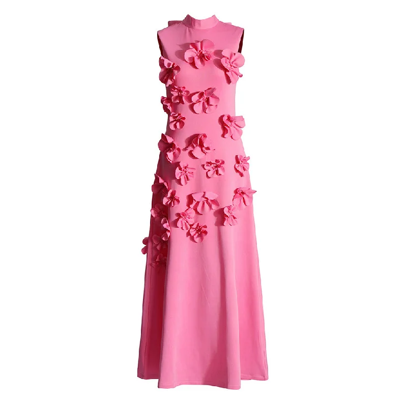 Lace cocktail dress-Elegant Mock Neck Bow Tie Back Sleeveless A Line Rosette Midi Dress