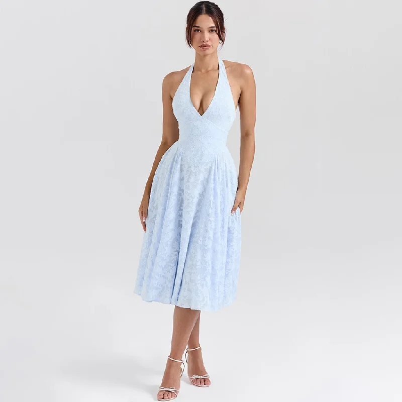 Fringe sundress-Elegant Plunge Halter Sleeveless Drop Waist Floral Jacquard Cocktail Midi Dress