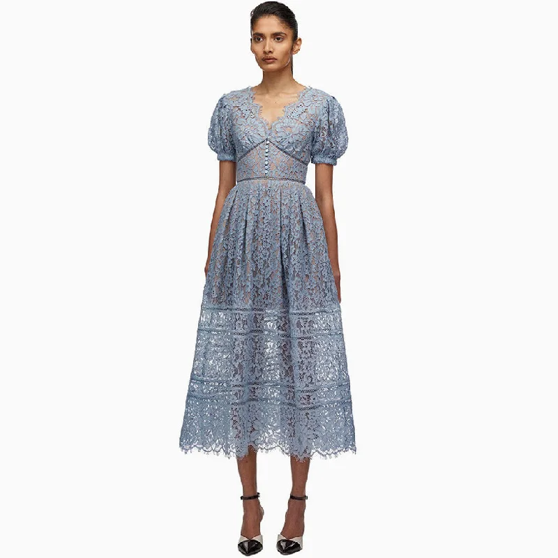 Floral cocktail dress-Elegant Puff Sleeve V Neck Embroidered Lace Midi Dress - Dusty Blue