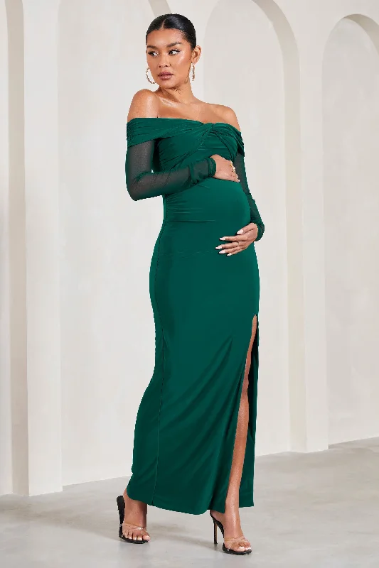 Fringe cocktail dress-Elsie | Bottle Green Bardot Long-Sleeved Maternity Maxi Dress