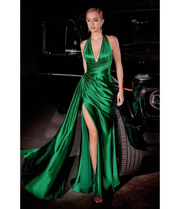 Tiered sundress-Cinderella Divine  Emerald Pleated Satin Halter Fitted Slit Dress