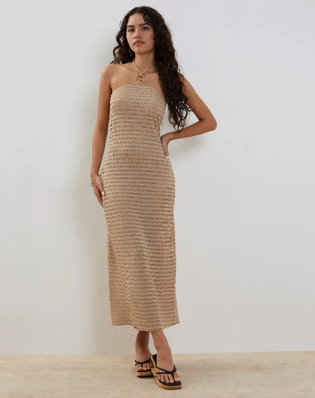 Backless midi dress-Emersyn Waffle Knit Halterneck Midi Dress in Oat