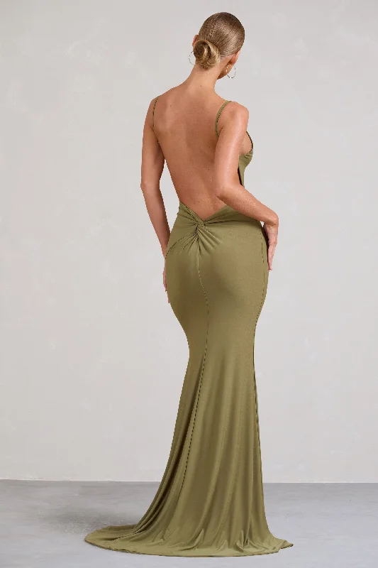 Off-shoulder sundress-Endless Love | Olive Backless Knot Detail Fishtail Maxi Dress