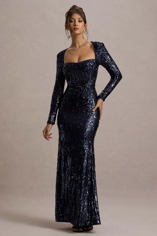 Strapless party dress-Ensley | Navy Sequin Sweetheart Long-Sleeve Maxi Dress