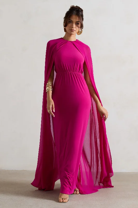 Striped maxi dress-Envy | Pink High-Neck Maxi Dress With Chiffon Cape