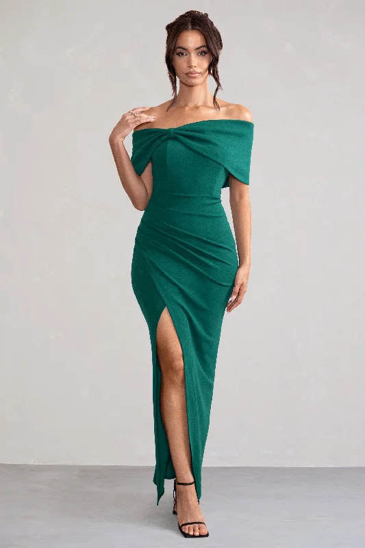 Ruffled sundress-Eva | Green Bardot Bow Detail Maxi Dress With Thigh Split