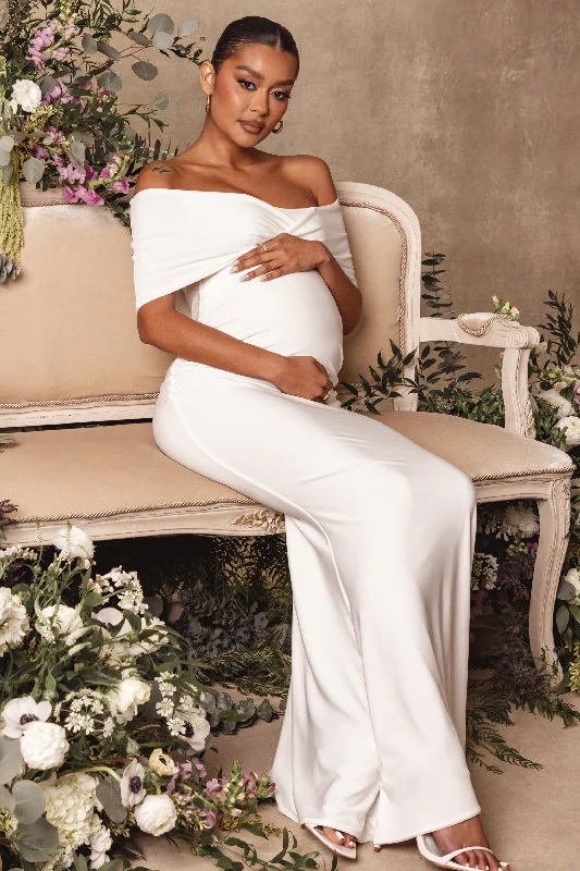 Lace midi dress-Amal | White Bardot Wrap Neckline Maternity Maxi Dress