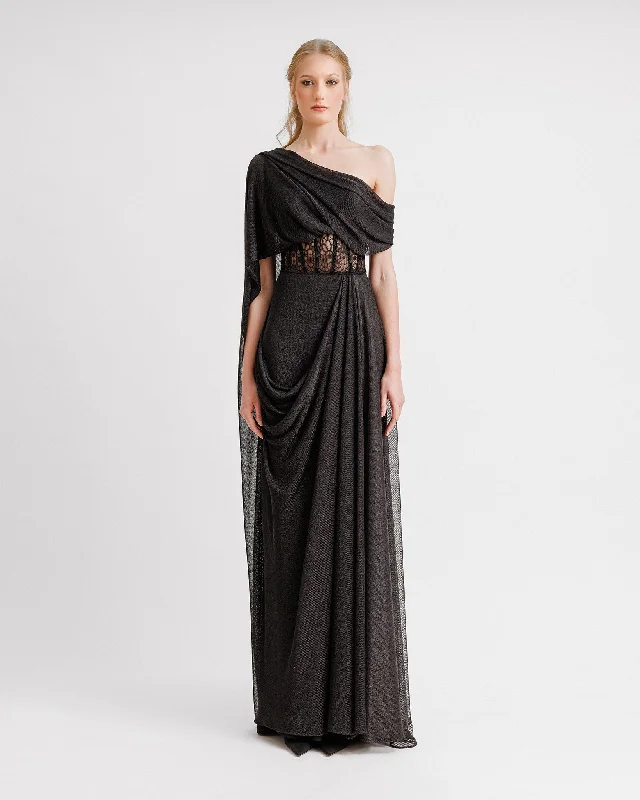 Off-shoulder cocktail dress-Asymmetrical Neckline Draped Dress