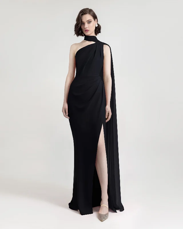 Long sleeve midi dress-Asymmetrical Draping Black Crepe Dress